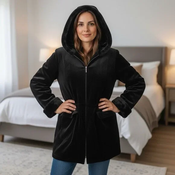 vintage Gallery old money velvet fur trim drawstring waist opera coat sz L black - Picture 7 of 10